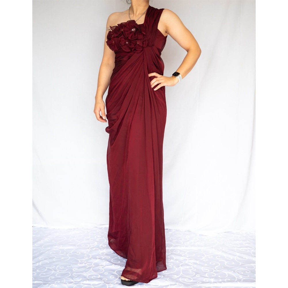 Adrianna Papell Burgundy One Shoulder Sleeveless Beaded Ruched Long Prom Dress